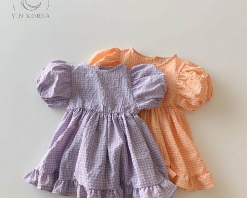 蓬蓬袖細格洋裝