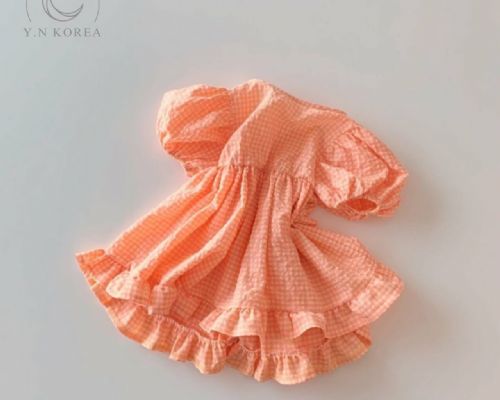 蓬蓬袖細格洋裝